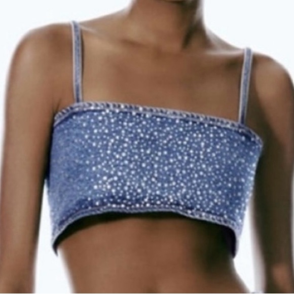 Zara Tops - ZARA RHINESTONE DENIM CROP TOP SIZE XS/S
